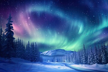Northern Lights, Colorful Aurora Sky Glowing, Fantasy Night Background. Beautiful Forest Winter Landscape with Water Surface. Dramatic Sky, Colorful Wallpaper, Poster, or Banner with Copy Space
