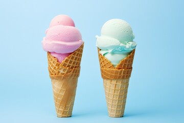 Ice Cream Cone, Close up Shot of a Sugar Cone Filled with Two Scoops of Rainbow Colored Ice Cream Against a Plain Light Blue Background