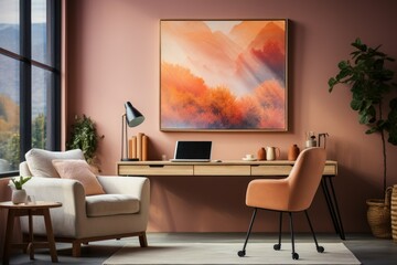 Home Office Setup, Minimalist White Desk with Laptop, Comfortable Chair, Framed Abstract Painting on the Wall, and a Potted Plant on the Shelf