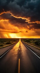 Asphalt Desert Road at Sunset, Ground and Mountain Landscape with a Storm Brewing Rain on a Lonely Texas Highway. Golden Hour Scenery