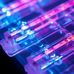 Close-up of DNA gel electrophoresis Action Scene. Gel showing separated DNA bands under UV light Background. Generative AI.