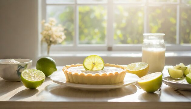  Torta de lim&atilde;o. Cozinha branca. Mesa clara. Lim&otilde;es cortados na composi&ccedil;&atilde;o. Janela. Luz forte 