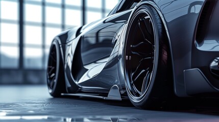 A closeup shot showcases the sporty body kit featuring side skirts and a rear diffuser to enhance the cars aerodynamics and overall performance.