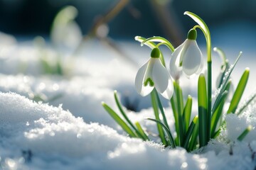 Snowdrops in snow under sunny rays