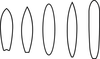 surfboard icons Set . surfing, sea and ocean vacation symbols. images for tourism designs editable stock on transparent background. Black Silhouette surfboard outline icons for web and info-graphics.