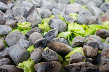Photograph of preparation of the traditional Pachamanca in Peru. Typical dish from the Andes of Peru.