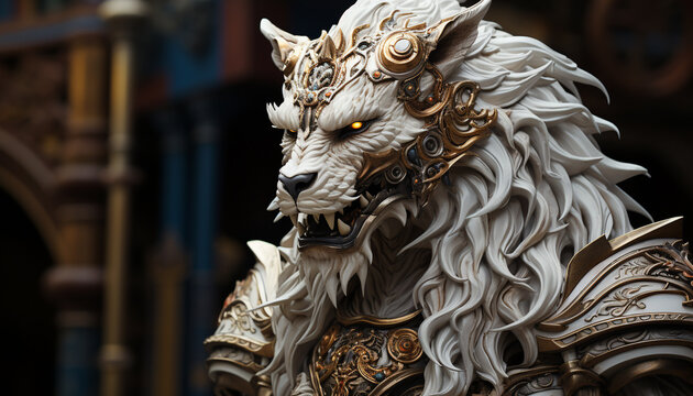 The majestic lion sculpture symbolizes Chinese culture and history generated by AI