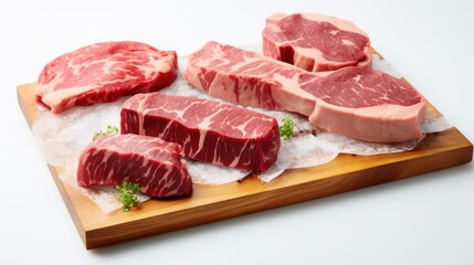  Fresh red marble beef slices raw, High quality angus ribeye arranged on a wooden cutting board