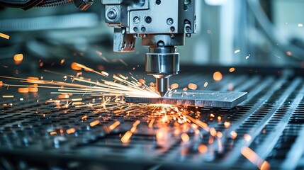 Close-up scene the fiber laser cutting machine cutting machine cut the metal plate. The hi-technology sheet metal manufacturing process by laser cutting machine. copy space.