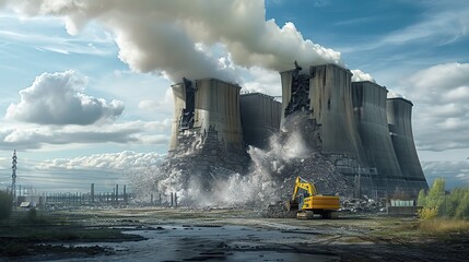 Fototapeta premium Coal-fired power station being demolished. copy space for text.