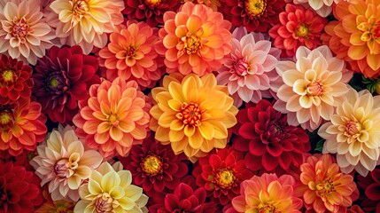 Colorful autumn dahlia flowers pattern as background. Top view. copy space for text.