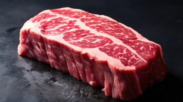  Fresh red marble beef slices raw, High quality angus ribeye close up view.