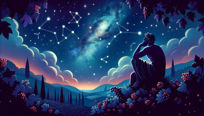 A whimsical, animated art style depiction of Dionysus and the Stars, linking him with constellations in a starry night scene. - obrazy, fototapety, plakaty
