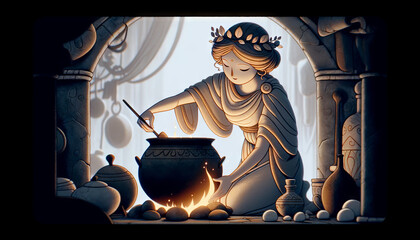 A depiction of Hestia involving cooking or culinary arts, illustrated in a whimsical animated art...