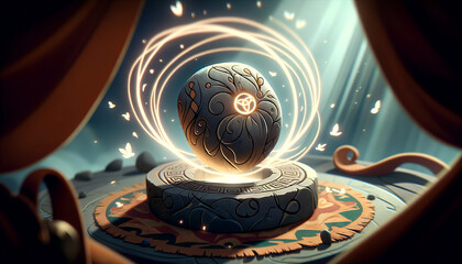 Hestia and the Hearthstone, a mystical stone representing Hestia's power in the hearth, illustrated in a whimsical animated art style.