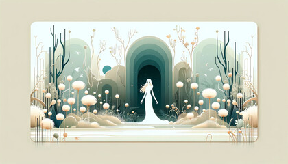 A whimsical animated art style depiction of Persephone in the Asphodel Meadows, a section of the underworld, showcasing a haunting yet beautiful scene.
