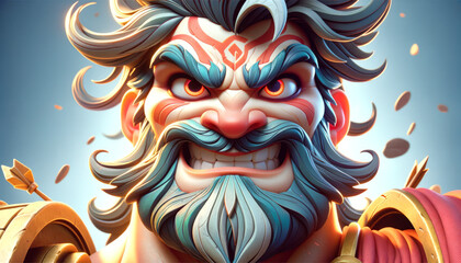A whimsical, animated art style depiction of a close-up portrait of Ares with a fierce expression.