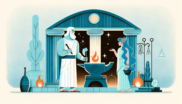 Illustrating Hephaestus and the sea nymph Thetis visiting his forge in a whimsical, animated, and minimal art style.