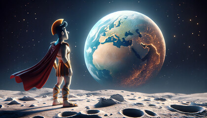 A whimsical, animated art style depiction of Ares standing on the moon, gazing at Earth.