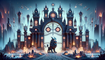A detailed, whimsical, animated art style depiction of the Underworld Gates, in 16_9 ratio.