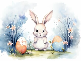 An illustration of an Easter Bunny in a magical forest with sparkling eggs, rendered in watercolor style.