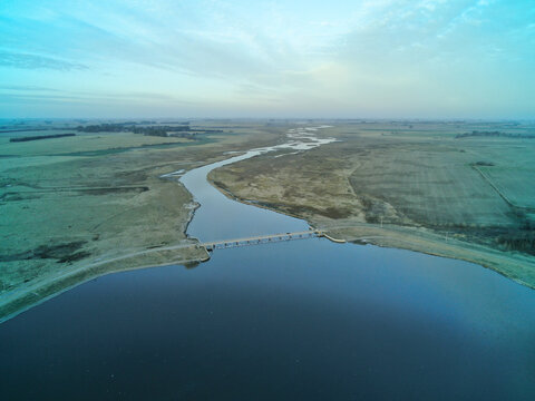 aerial view of the coast of the lake and a river