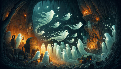 A detailed, whimsical, animated art style depiction of The Whispering Ghosts, in 16_9 ratio.