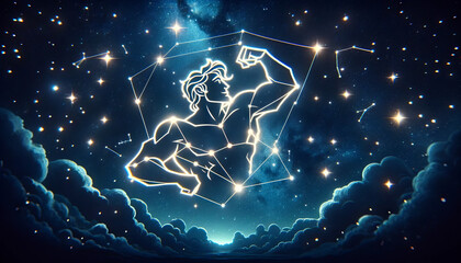 A whimsical, animated art style depiction of Hercules as a constellation in the night sky.