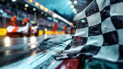 The checkered flag waves triumphantly against a backdrop of blurred pit crew members working...