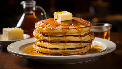 A stack of homemade pancakes, dripping with honey and syrup generated by AI