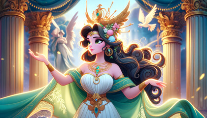 A whimsical, animated art style depiction of Hera, the Queen of the Gods in Greek mythology. - obrazy, fototapety, plakaty