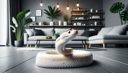 Albino corn snake in a modern, sleek, and minimalist apartment setting, with good focus, good lighting, and no noise, in a 16_9 ratio. - obrazy, fototapety, plakaty