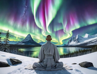 Divine Encounter - Alien monk meditating in a vibrant aurora borealis night sky Gen AI - obrazy, fototapety, plakaty
