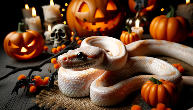 Albino corn snake in a Halloween-themed setting, adding a spooky element, with good focus, good lighting, and no noise, in a 16_9 ratio.