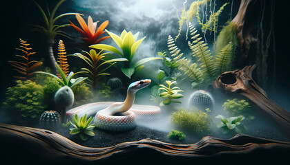 An albino corn snake in a terrarium with exotic plants and a misty background, with good focus, good lighting, and no noise, in a 16_9 ratio. - obrazy, fototapety, plakaty