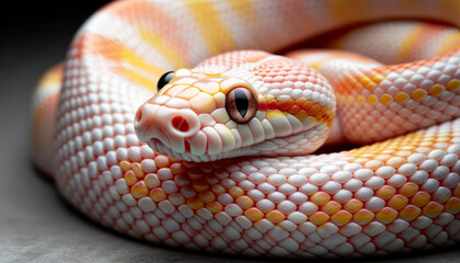 Obraz premium Image of an albino corn snake with a focus on its eyes, showing detail, with good focus, good lighting, and no noise, in a 16_9 ratio.