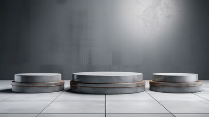 A row of plain gray, rounded podiums with a mosaic tile background. Platform or pedestal for displaying cosmetics