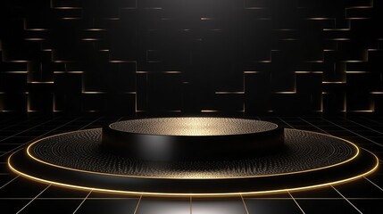 Fototapeta na wymiar A scene with a black 3D background and a golden geometric platform. Lean forward to display a cosmetic. Realistic pedestal display background for a stage. high-end studio, mosaic