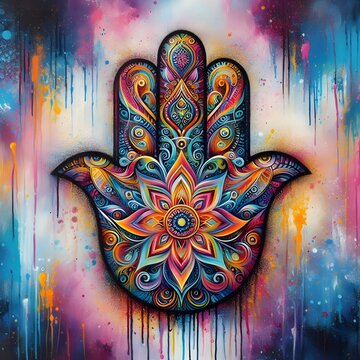 Hamsa hand painted with colored paints on a colorful background.
