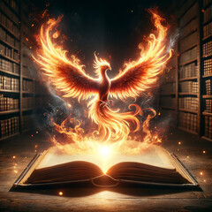 An open book with a phoenix rising from the pages in a flurry of flames and embers.