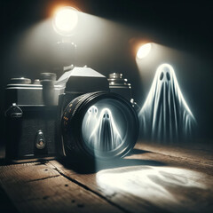 A camera that captures ghostly apparitions within its flash. - obrazy, fototapety, plakaty