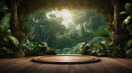 a wooden stage for product presentations amid a tropical forest.3D modeling