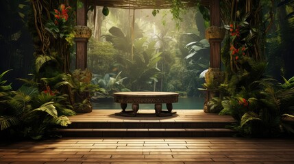 a wooden stage for product presentations amid a tropical forest.3D modeling