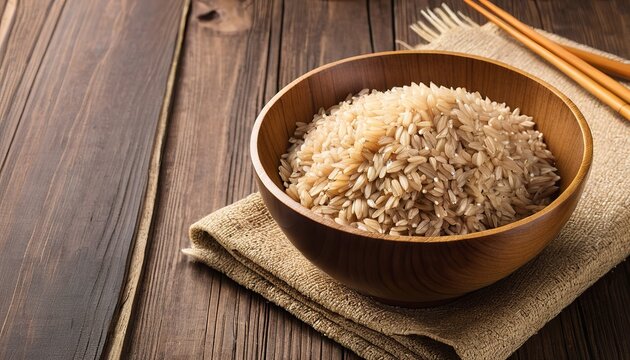 Nutritious Brown Rice in Wood Bowl on Wood Background