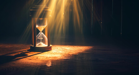 an hourglass on a dark floor