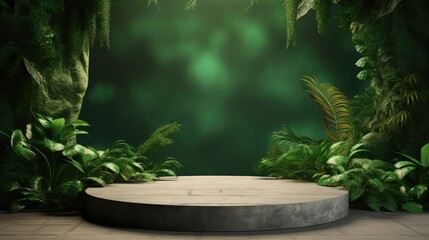 Concrete Podium With Green Wall In Tropical Forest For Product Presentation. 3D Illustration