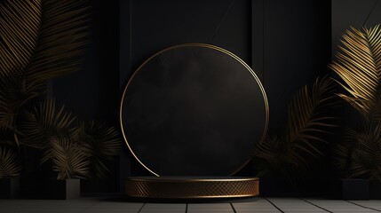 minimalist dark scene with palm leaves and geometric shapes. Black and gold podium background with...