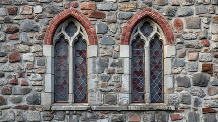 Fototapeta na wymiar Architectural Legacy: Intricate Gothic Windows Embedded in Historic Masonry Gothic arched windows, stained glass, stone masonry, medieval architecture, dual window facade, intricate tracery, historic 