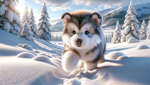 A photorealistic image of an Alaskan Malamute puppy experiencing snow for the first time.