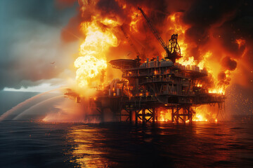 Explosion of fire on an offshore petroleum platform at ocean occurred as result of an oil rig fire Generative AI - obrazy, fototapety, plakaty